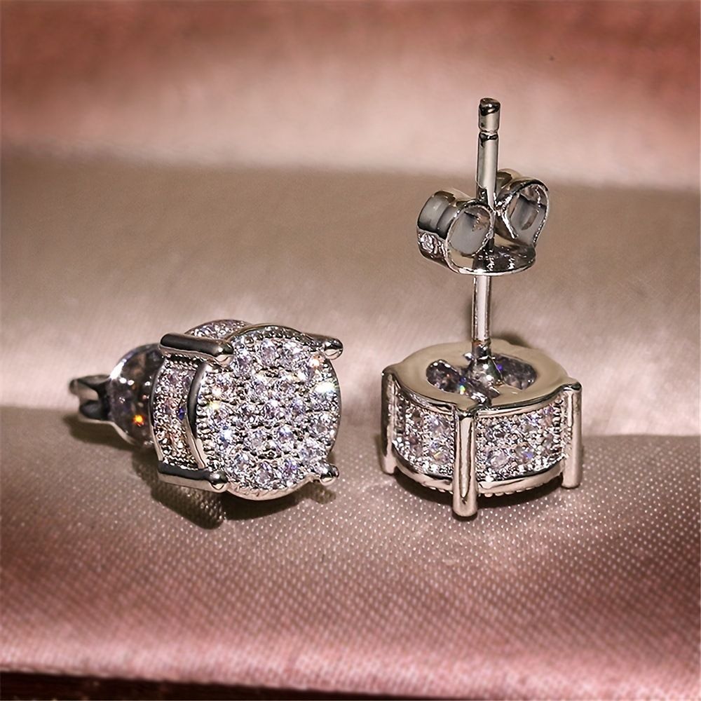 Silver Unisex Round Crystal Stud Earrings – Full-Pave Micro-Set Alloy Ear Jewelry - Image 4