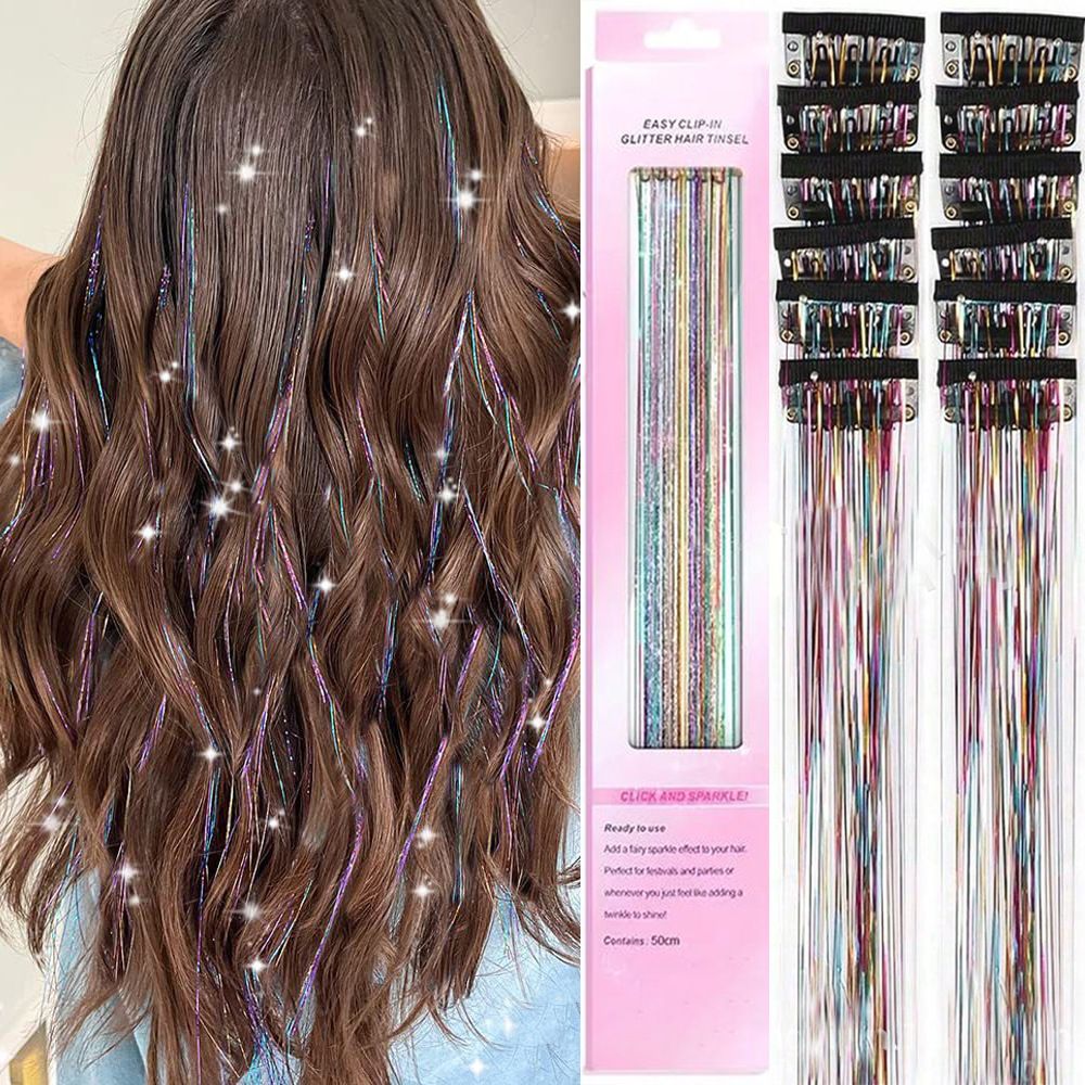 Colorful Laser Iridescent Hair Extensions – 12-Piece Clip-In Highlight Strands (High-Temperature Fiber) - Image 1