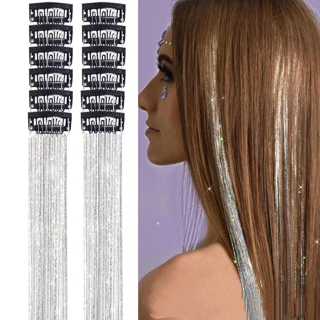 Silver Laser Iridescent Hair Extensions – 12-Piece Clip-In Highlight Strands (High-Temperature Fiber) - Image 1
