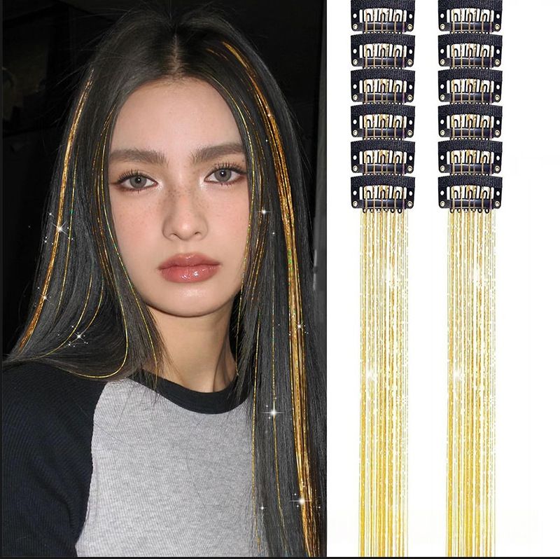Gold Laser Iridescent Hair Extensions – 12-Piece Clip-In Highlight Strands (High-Temperature Fiber) - Image 1
