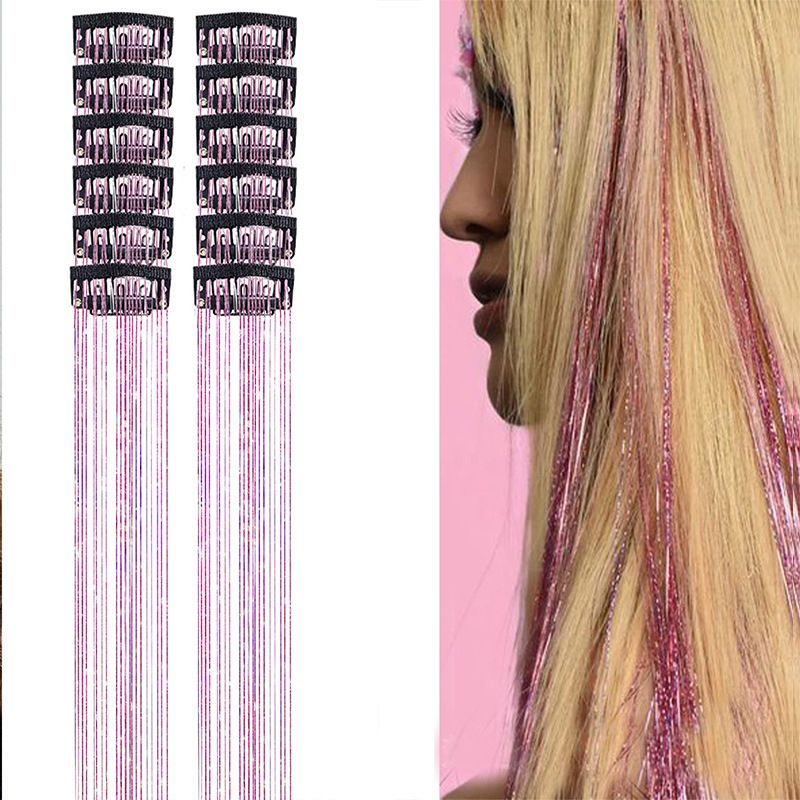 Pink Laser Iridescent Hair Extensions – 12-Piece Clip-In Highlight Strands (High-Temperature Fiber) - Image 1