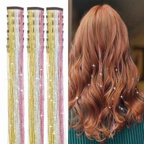 Yellow and Silver and Pink Laser Iridescent Hair Extensions – 12-Piece Clip-In Highlight Strands (High-Temperature Fiber) - Image 1
