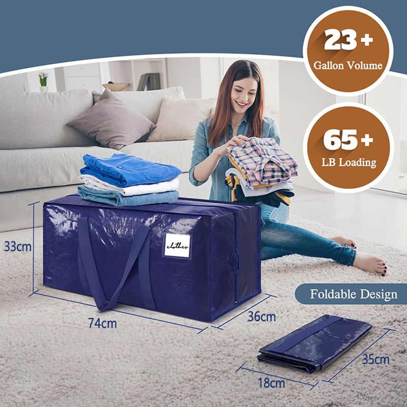 1 Pack Extra Heavy Duty Large Moving Bags with Strong Zipper & Comfortable Handles, Sturdy & Durable Clothes Storage Bags Totes Bins,  Packing Moving Boxes for Clothes, Bedding, Dorm & Travel, Dark Blue - Image 2