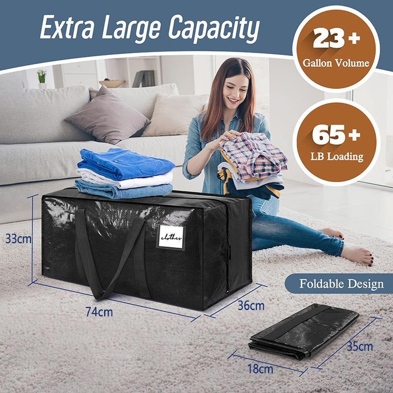 1 Pack Extra Heavy Duty Large Moving Bags with Strong Zipper & Comfortable Handles, Sturdy & Durable Clothes Storage Bags Totes Bins,  Packing Moving Boxes for Clothes, Bedding, Dorm & Travel, Black - Image 2