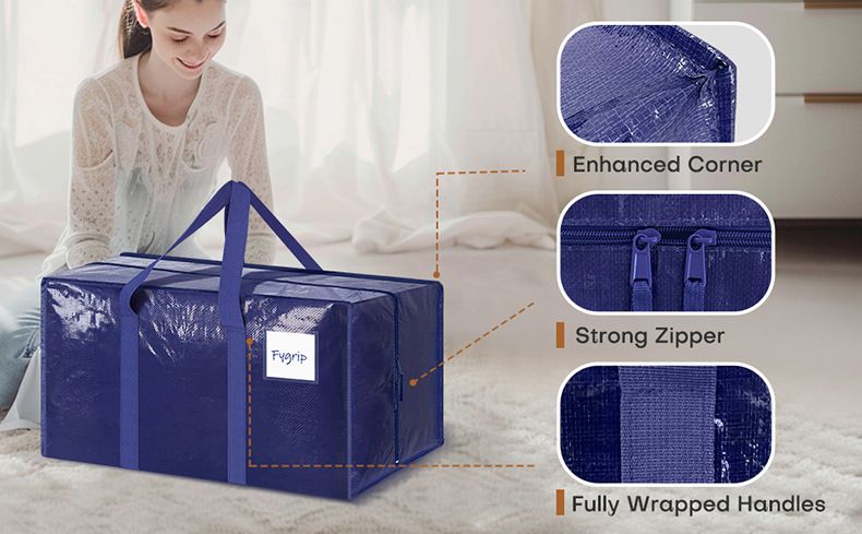 4 Pack Extra Heavy Duty Large Moving Bags with Strong Zipper & Comfortable Handles, Sturdy & Durable Clothes Storage Bags Totes Bins,  Packing Moving Boxes for Clothes, Bedding, Dorm & Travel, Dark Blue - Image 4