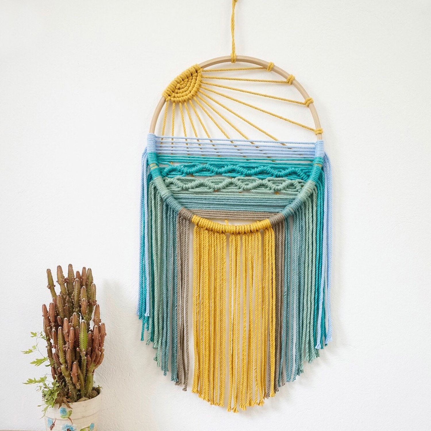 Style 1 Hand-Woven Cotton Rope Sunrise Sunset Wall Hanging - Bohemian Macrame Tapestry with Tassels, 60x30cm - Perfect for Living Room, Bedroom - Image 1