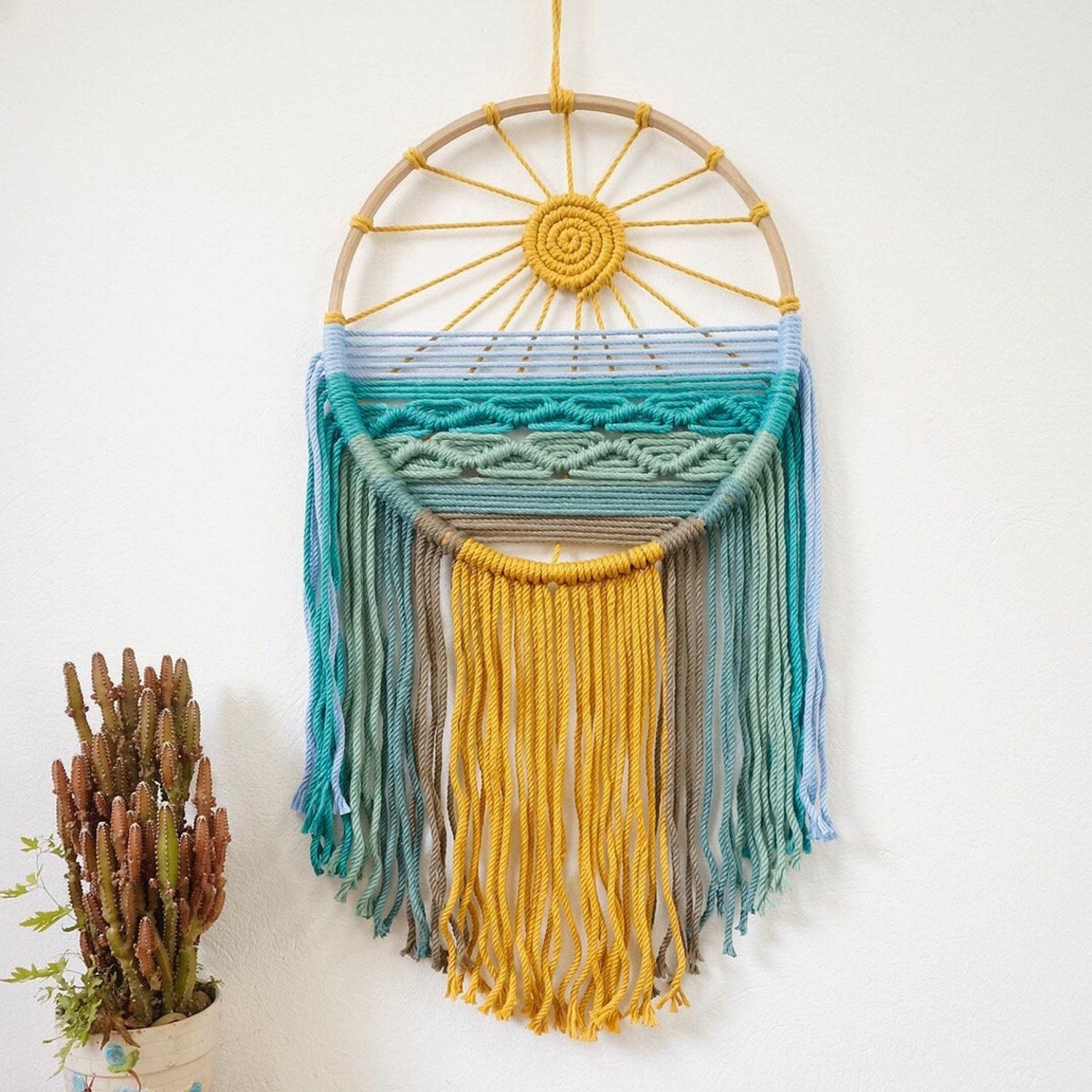 Style 2 Hand-Woven Cotton Rope Sunrise Sunset Wall Hanging - Bohemian Macrame Tapestry with Tassels, 60x30cm - Perfect for Living Room, Bedroom - Image 1