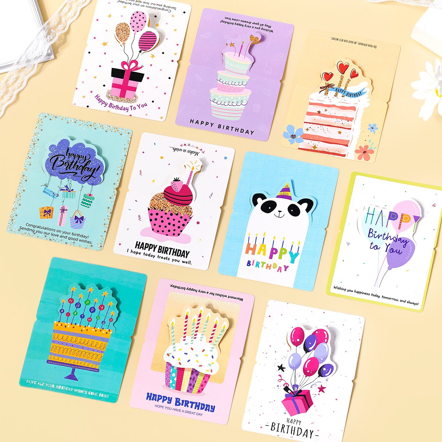 3 Sets 3D Pop-up Birthday Card Set - 3*10pcs Cartoon Panda/Cake/Balloon Greeting Cards with Envelopes, Handwritten Message Foldable Cards for Kids/Friends/Party Favors - Image 2