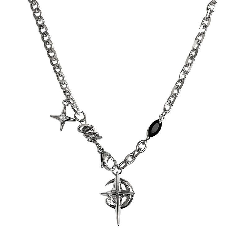 Silver Hip-hop style titanium steel black gemstone spliced star cross necklace, unisex trendy streetwear design collarbone chain - Image 1