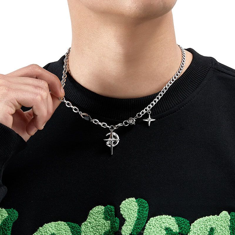 Silver Hip-hop style titanium steel black gemstone spliced star cross necklace, unisex trendy streetwear design collarbone chain - Image 4
