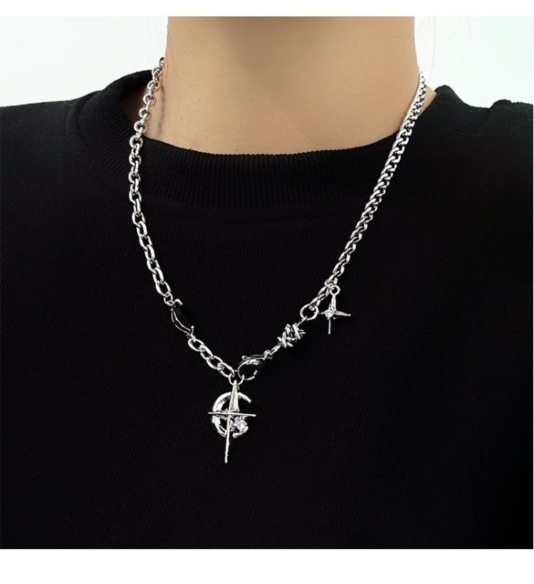 Silver Hip-hop style titanium steel black gemstone spliced star cross necklace, unisex trendy streetwear design collarbone chain - Image 5