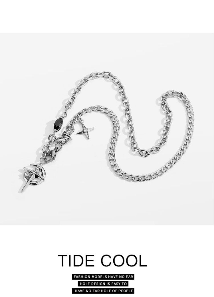 Silver Hip-hop style titanium steel black gemstone spliced star cross necklace, unisex trendy streetwear design collarbone chain - Image 6