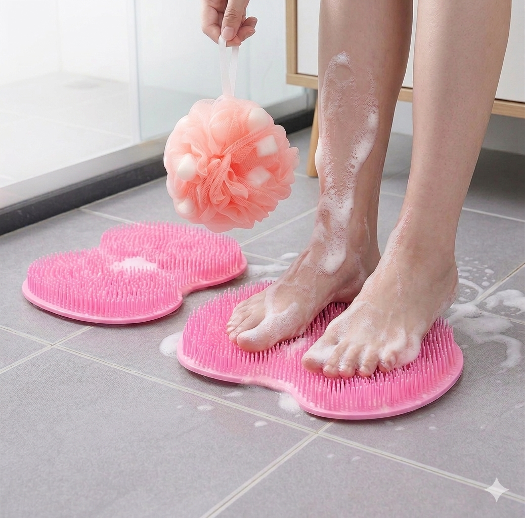 Pink 3-piece set  (2-Pack Silicone Foot & Back Scrubber Mat with Suction Cups + 1 Premium Lace Bath Loofah Sponge Set) - Non-Slip Foot Massager & Exfoliating Shower Set - Image 1