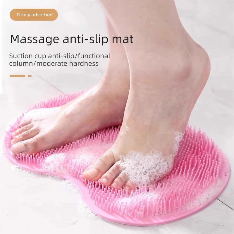 Pink 3-piece set  (2-Pack Silicone Foot & Back Scrubber Mat with Suction Cups + 1 Premium Lace Bath Loofah Sponge Set) - Non-Slip Foot Massager & Exfoliating Shower Set - Image 2