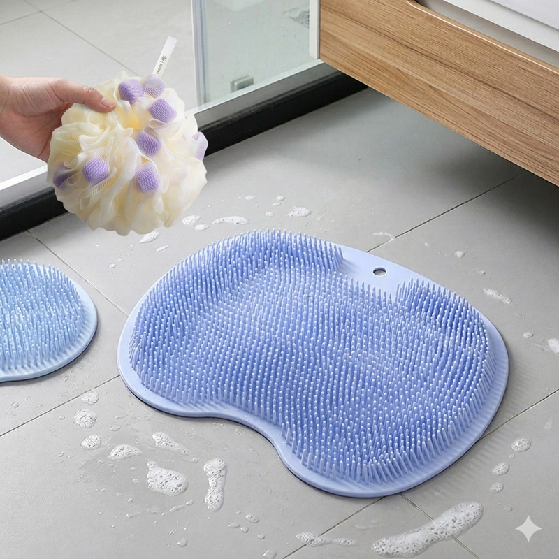 Blue 3-piece set  (2-Pack Silicone Foot & Back Scrubber Mat with Suction Cups + 1 Premium Lace Bath Loofah Sponge Set) - Non-Slip Foot Massager & Exfoliating Shower Set - Image 1