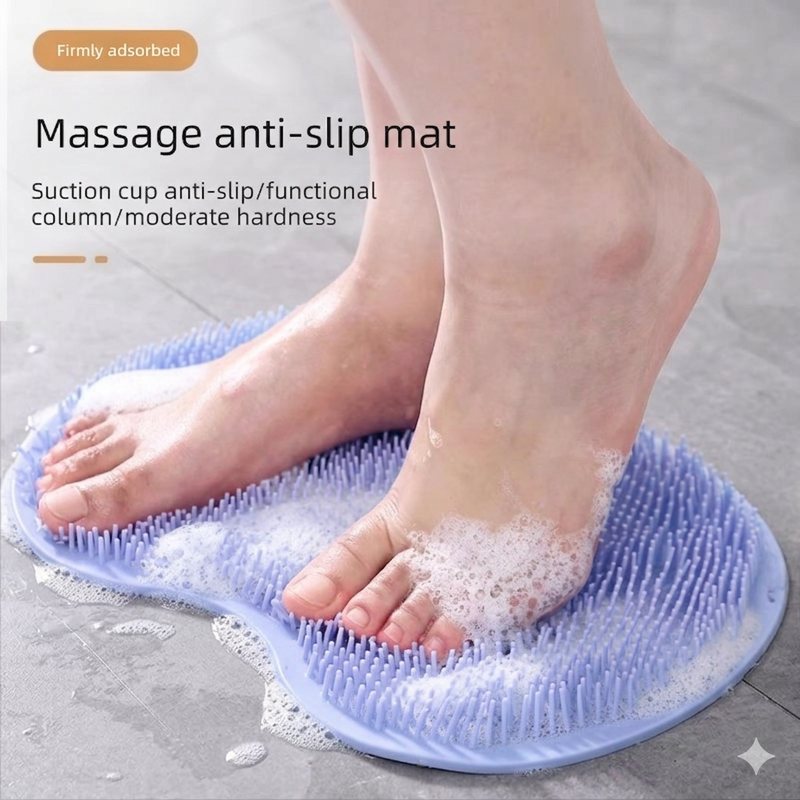 Blue 3-piece set  (2-Pack Silicone Foot & Back Scrubber Mat with Suction Cups + 1 Premium Lace Bath Loofah Sponge Set) - Non-Slip Foot Massager & Exfoliating Shower Set - Image 5