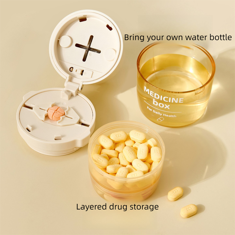 Beige 3-in-1 Pill Cutter, Crusher & Organizer Box with Built-in Water Cup - Portable Medicine Storage Container with Precision Quarter/Half Splitter - Image 2