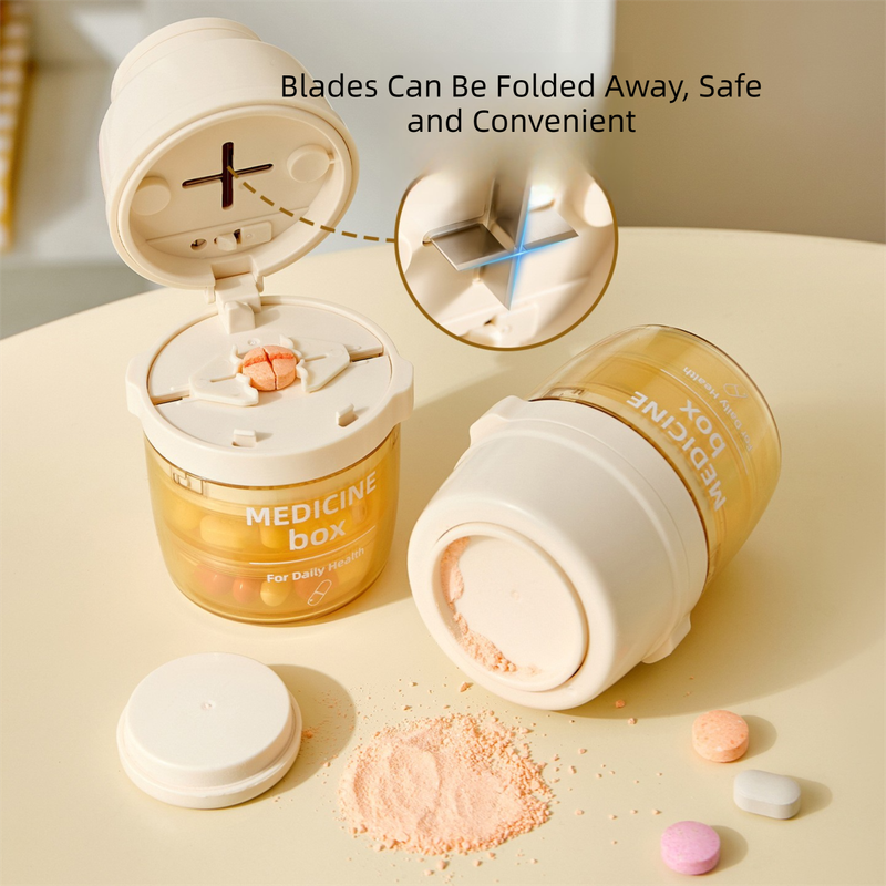 2 Pcs Beige 3-in-1 Pill Cutter, Crusher & Organizer Box with Built-in Water Cup - Portable Medicine Storage Container with Precision Quarter/Half Splitter - Image 1