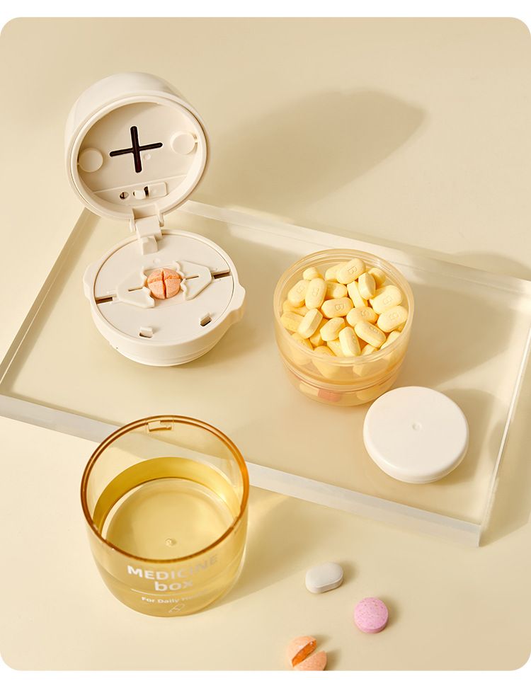 2 Pcs Beige 3-in-1 Pill Cutter, Crusher & Organizer Box with Built-in Water Cup - Portable Medicine Storage Container with Precision Quarter/Half Splitter - Image 6