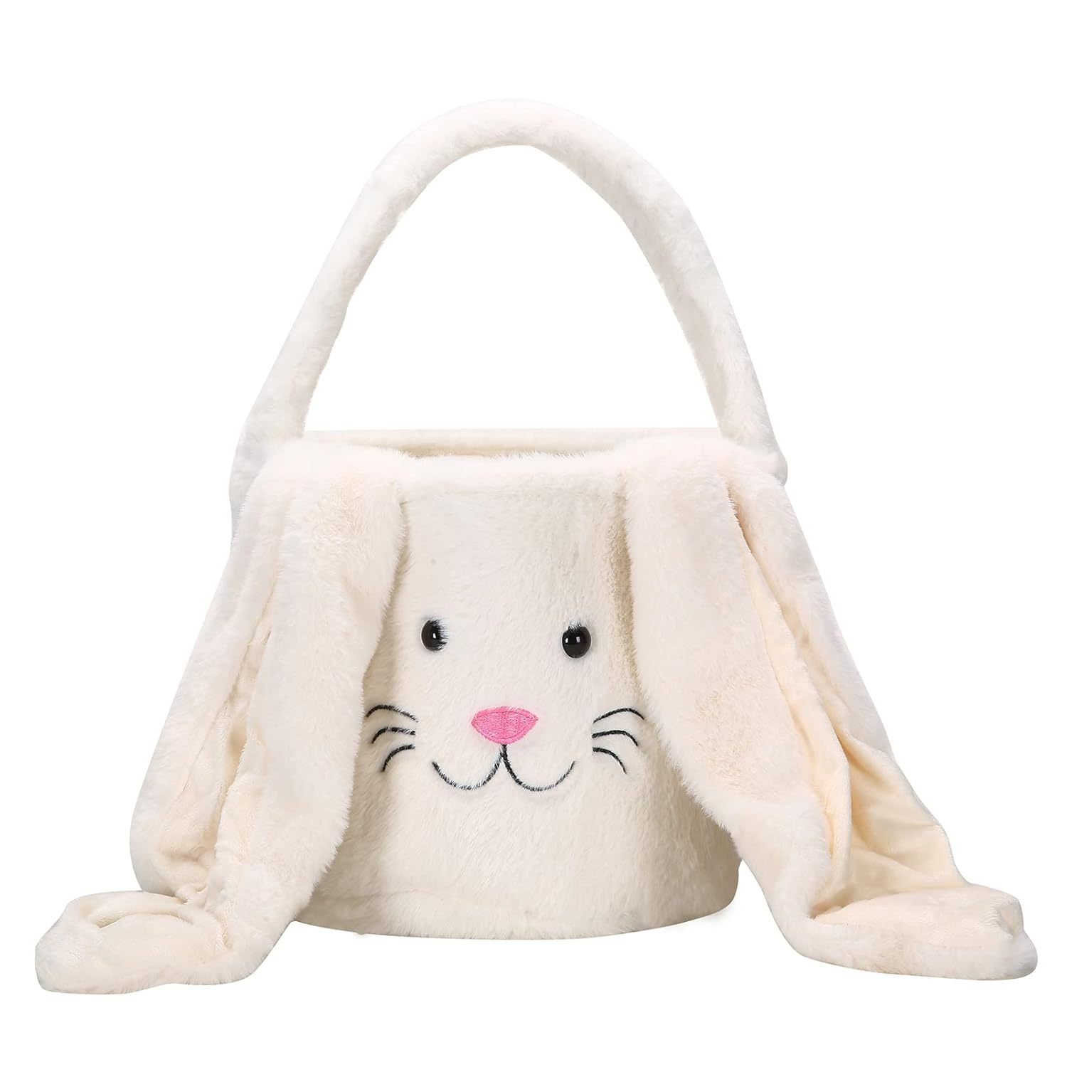 White Cute Plush Bunny Easter Basket with Long Ears and Personalization Option for Kids Egg Hunt and Spring Celebration - Image 1