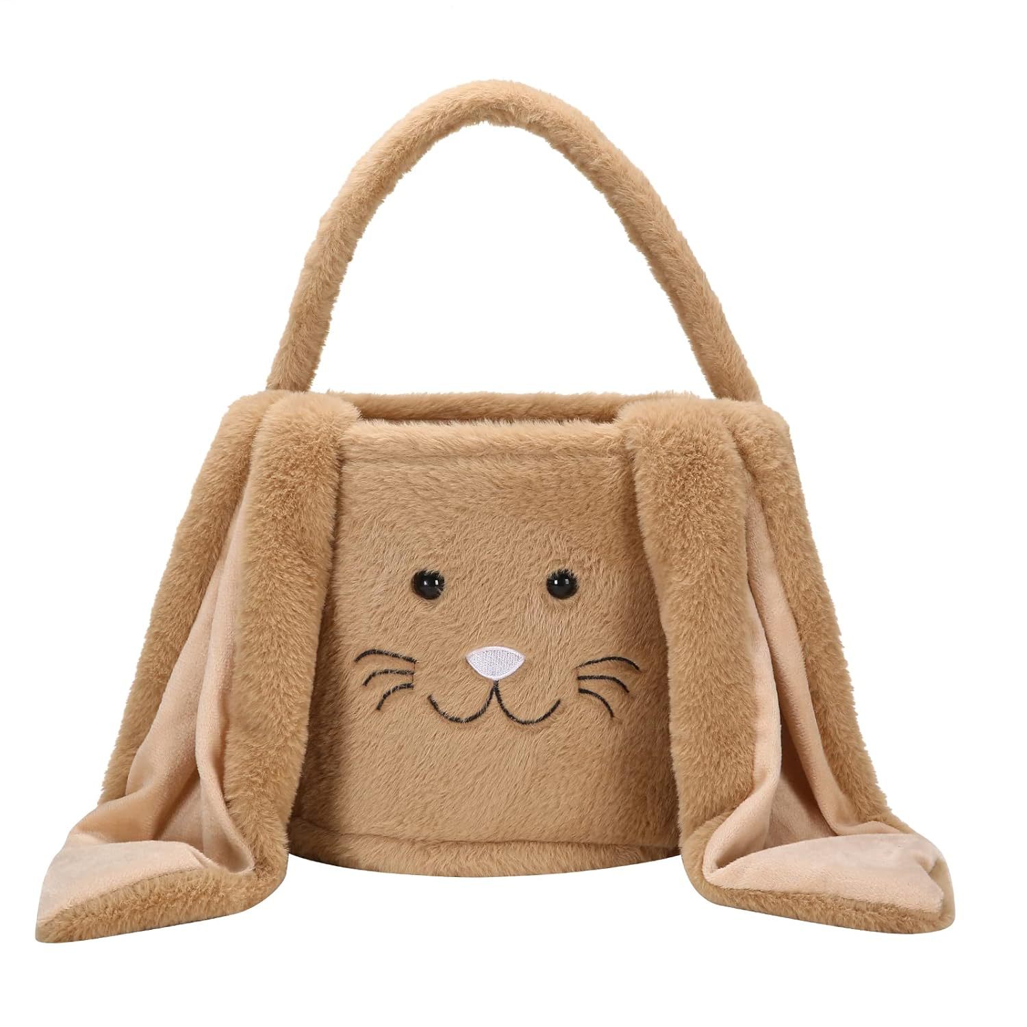 Brown Cute Plush Bunny Easter Basket with Long Ears and Personalization Option for Kids Egg Hunt and Spring Celebration - Image 1