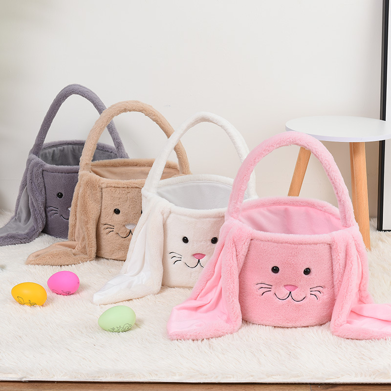 Brown Cute Plush Bunny Easter Basket with Long Ears and Personalization Option for Kids Egg Hunt and Spring Celebration - Image 4