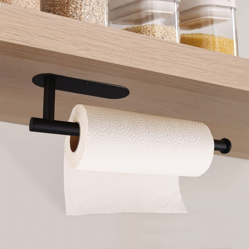 Black Stainless Steel Kitchen Paper Holder with Adhesive Mounting – Under Cabinet Tissue Roll Rack for Paper Towels, Toilet Paper or Plastic Wrap - Image 3
