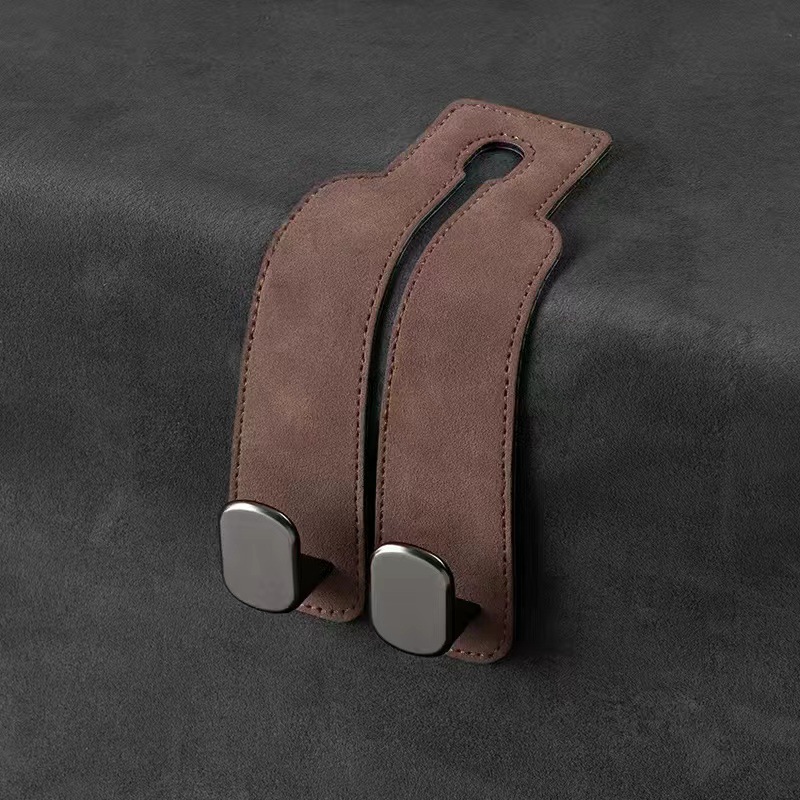 Brown 4-Pack Car Seat Back Hooks – Hidden Suede Leather with Metal Hooks for Storage and Phone Stand - Image 1