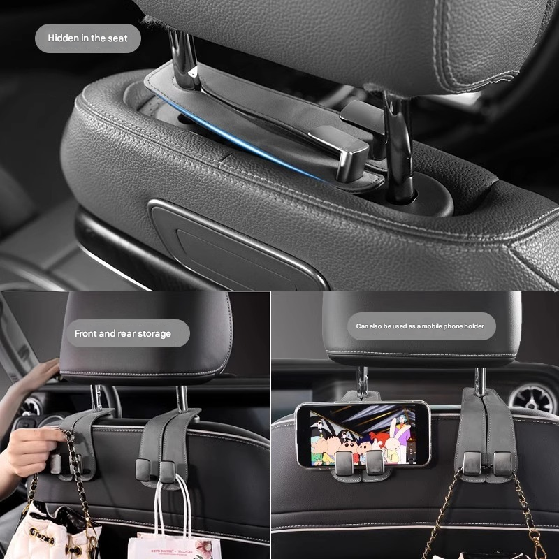 Brown 4-Pack Car Seat Back Hooks – Hidden Suede Leather with Metal Hooks for Storage and Phone Stand - Image 3
