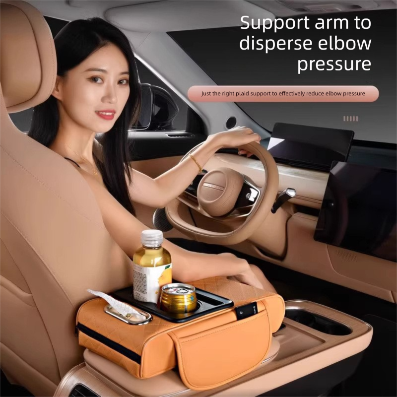 Black Car Central Armrest Box Raiser Pad with Cup Holder, Tissue Box & Phone Storage – 4-in-1 Multi-Functional Design - Image 4