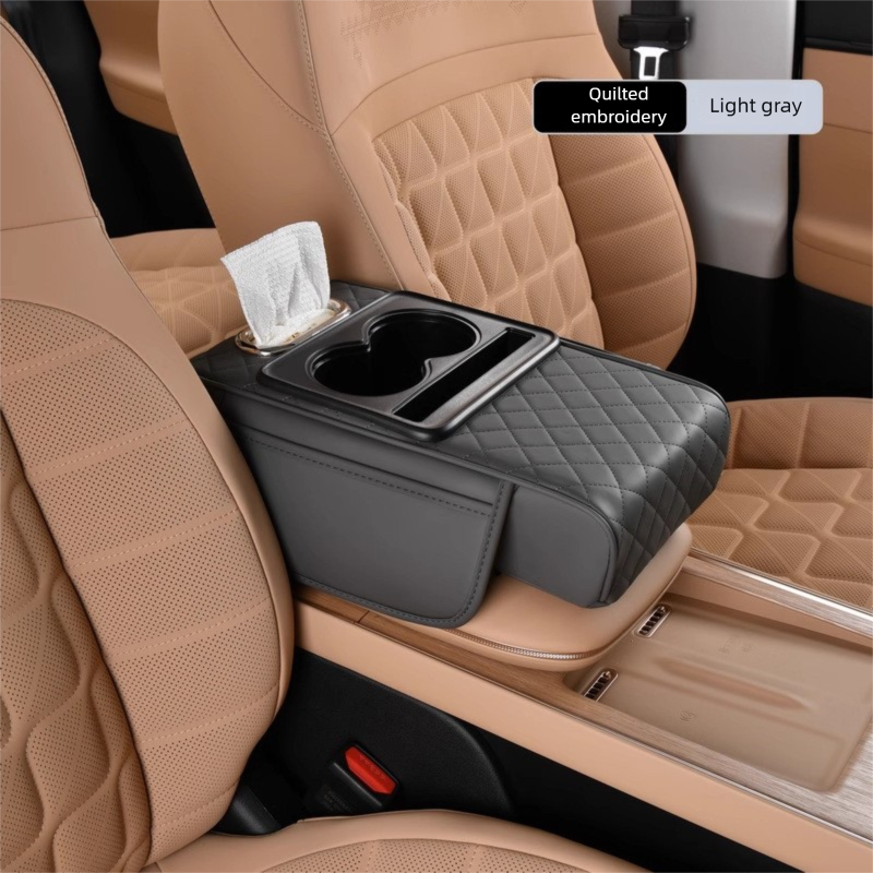 Grey Car Central Armrest Box Raiser Pad with Cup Holder, Tissue Box & Phone Storage – 4-in-1 Multi-Functional Design - Image 1