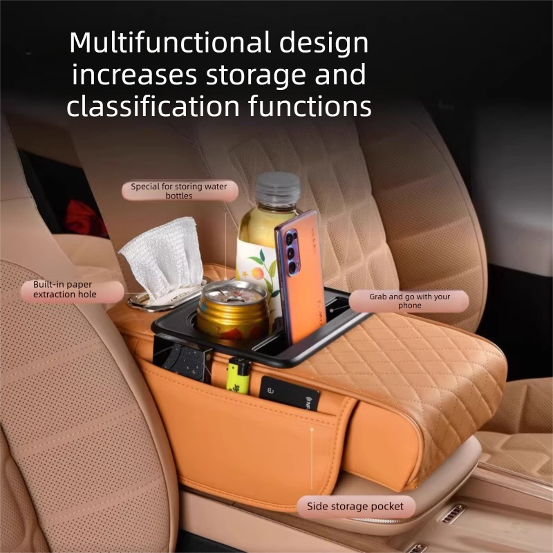 Grey Car Central Armrest Box Raiser Pad with Cup Holder, Tissue Box & Phone Storage – 4-in-1 Multi-Functional Design - Image 2