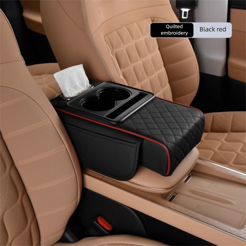 Black and red Car Central Armrest Box Raiser Pad with Cup Holder, Tissue Box & Phone Storage – 4-in-1 Multi-Functional Design - Image 1