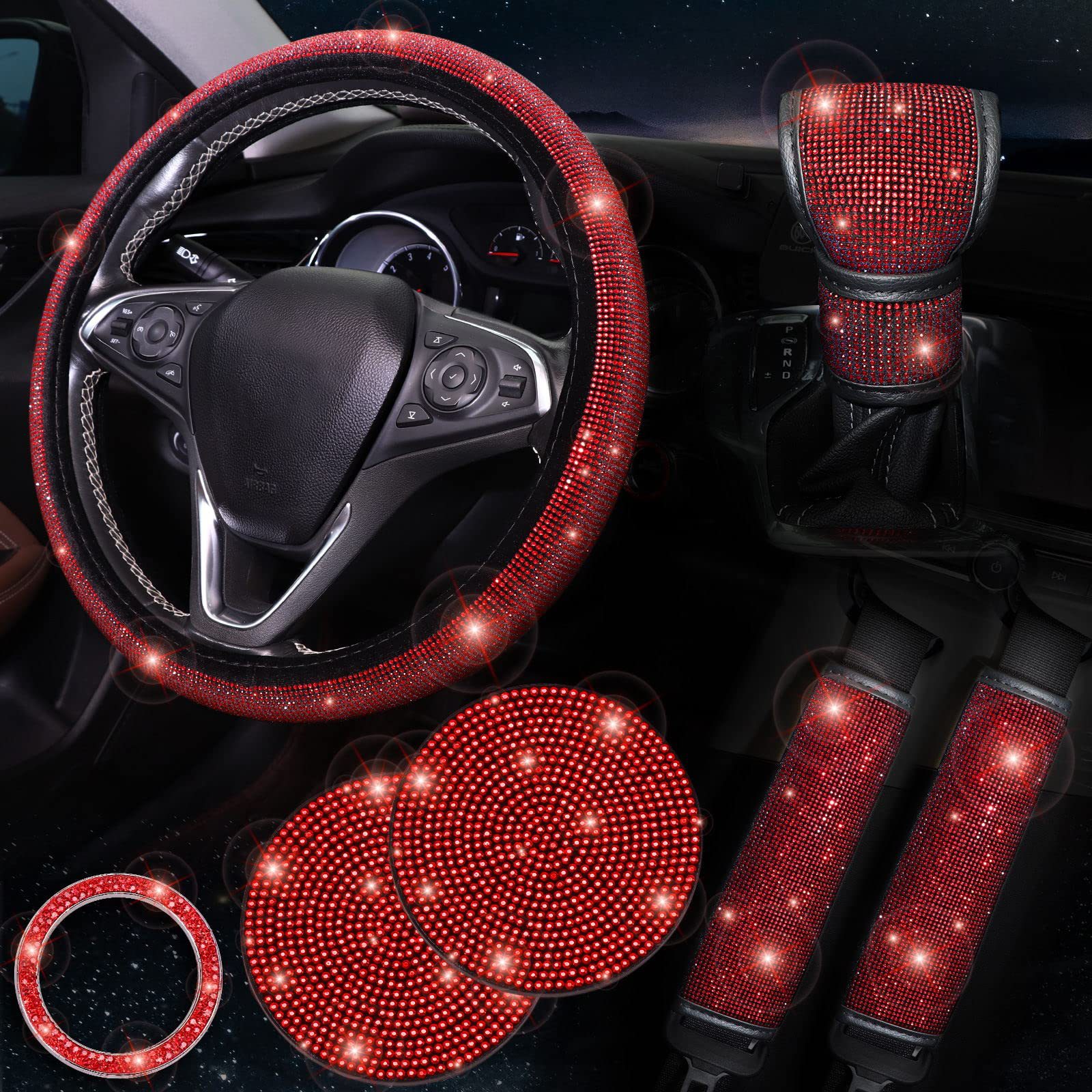 Red 7-Piece Car Interior Decoration Set – Crystal Rhinestone Steering Wheel Cover, Gear Shift Cover, Seat Belt Pads, Cup Coasters & Ignition Switch Cover - Image 1