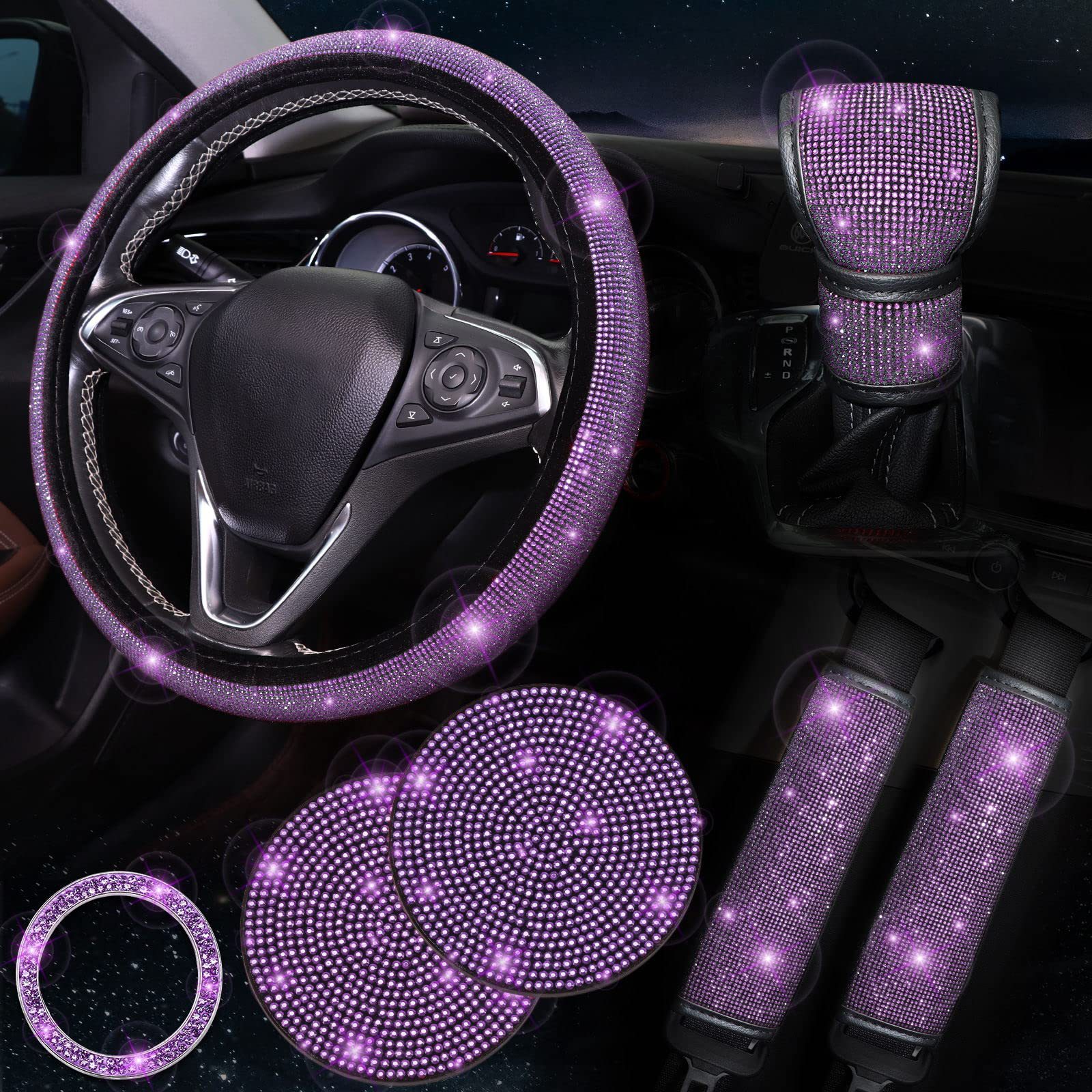 Light purple 7-Piece Car Interior Decoration Set – Crystal Rhinestone Steering Wheel Cover, Gear Shift Cover, Seat Belt Pads, Cup Coasters & Ignition Switch Cover - Image 1