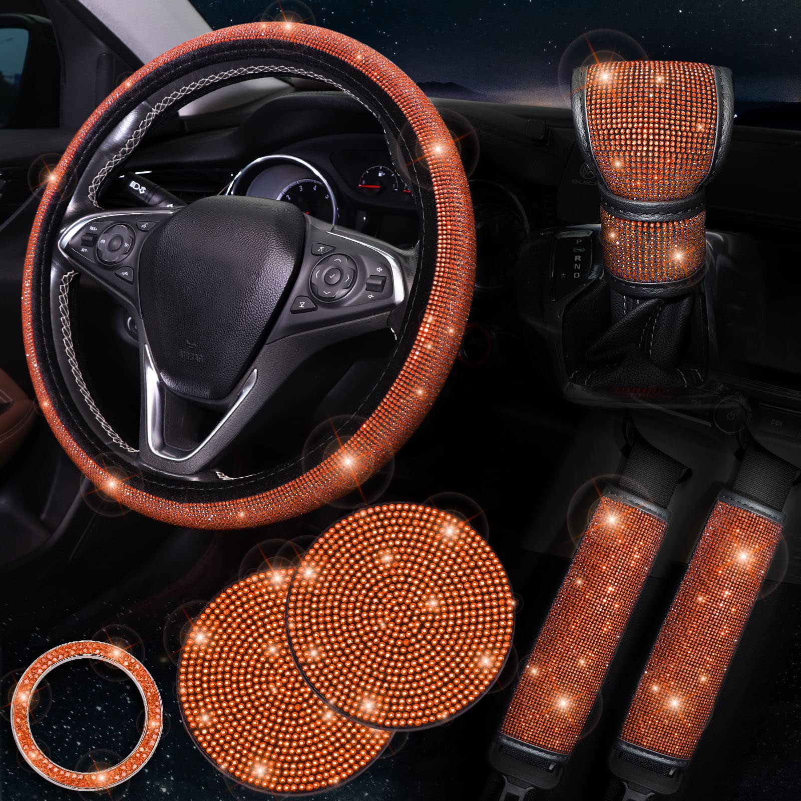 Orange 7-Piece Car Interior Decoration Set – Crystal Rhinestone Steering Wheel Cover, Gear Shift Cover, Seat Belt Pads, Cup Coasters & Ignition Switch Cover - Image 1