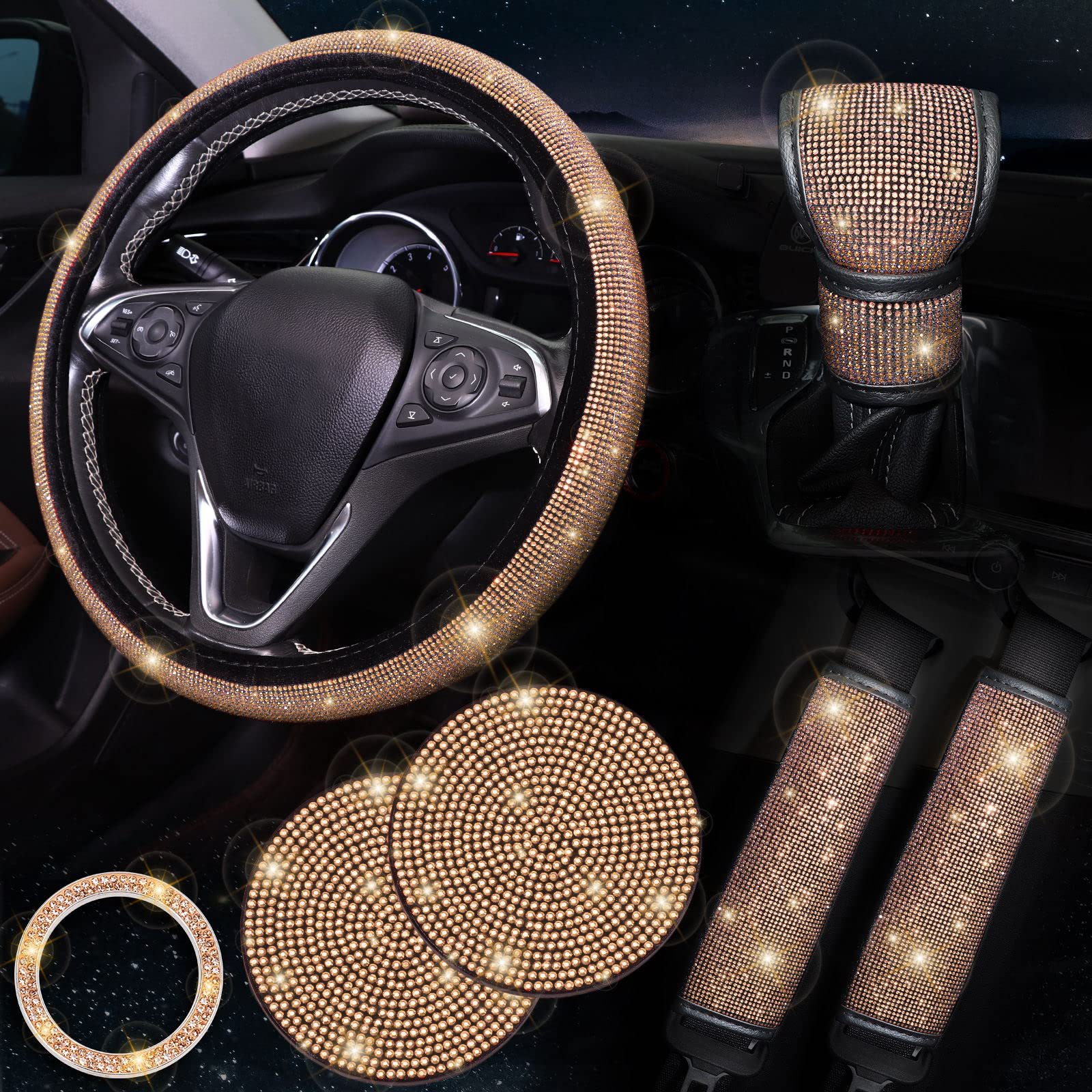 Champagne colour 7-Piece Car Interior Decoration Set – Crystal Rhinestone Steering Wheel Cover, Gear Shift Cover, Seat Belt Pads, Cup Coasters & Ignition Switch Cover - Image 1