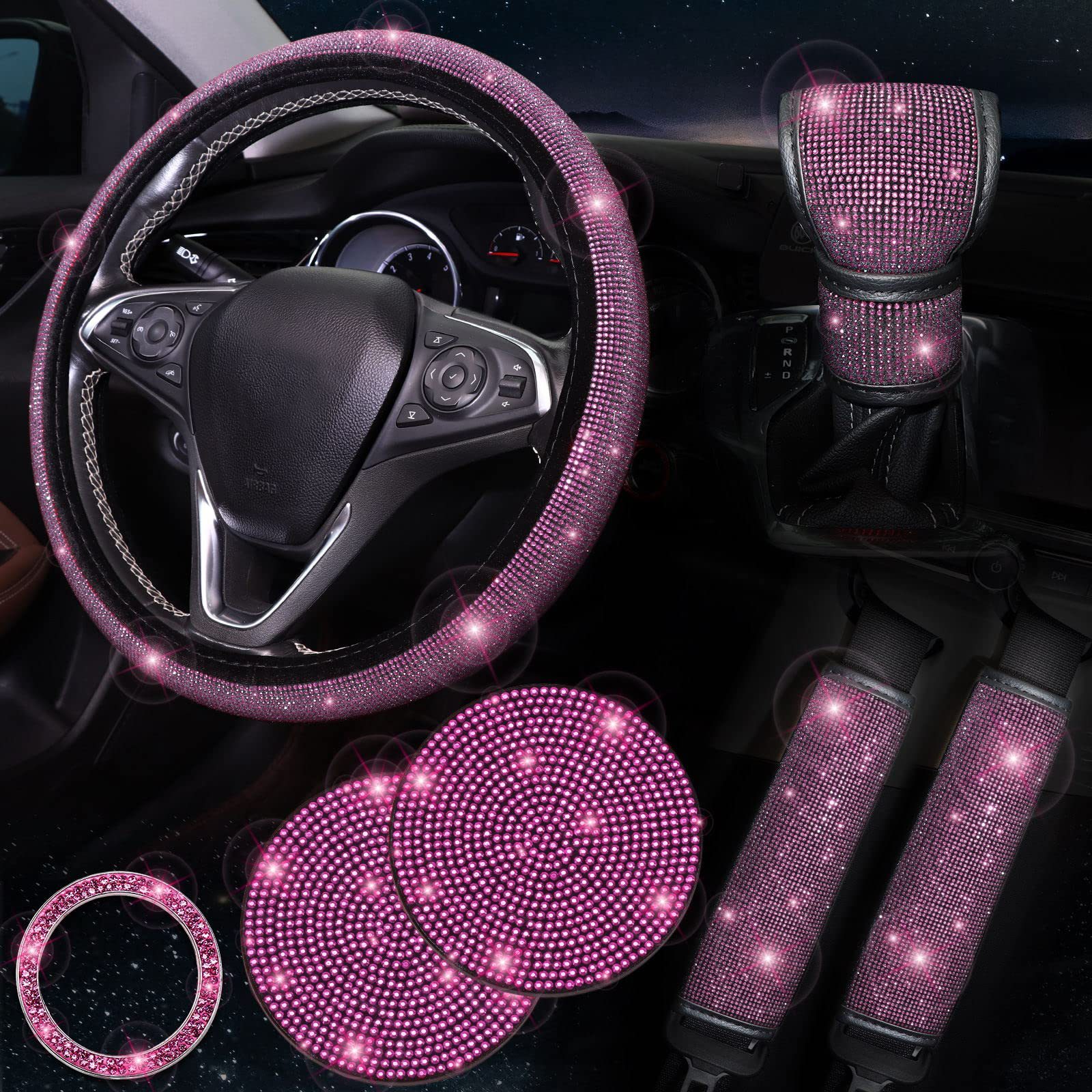 Rose red 7-Piece Car Interior Decoration Set – Crystal Rhinestone Steering Wheel Cover, Gear Shift Cover, Seat Belt Pads, Cup Coasters & Ignition Switch Cover - Image 1