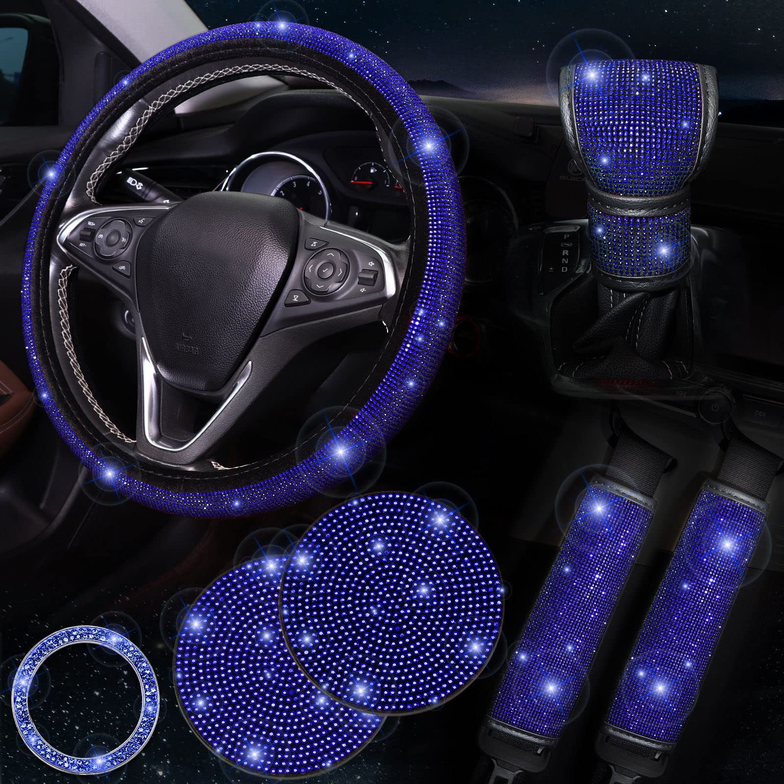 Blue 7-Piece Car Interior Decoration Set – Crystal Rhinestone Steering Wheel Cover, Gear Shift Cover, Seat Belt Pads, Cup Coasters & Ignition Switch Cover - Image 1