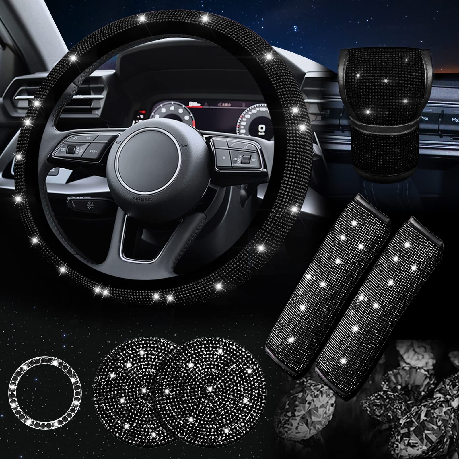 Black 7-Piece Car Interior Decoration Set – Crystal Rhinestone Steering Wheel Cover, Gear Shift Cover, Seat Belt Pads, Cup Coasters & Ignition Switch Cover - Image 1