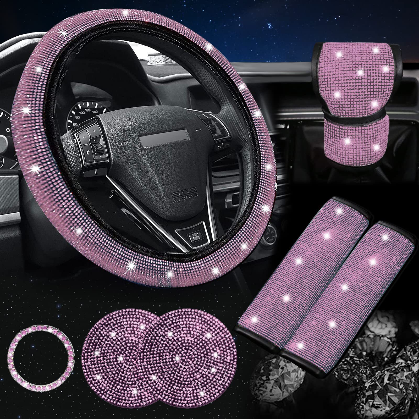 Pink 7-Piece Car Interior Decoration Set – Crystal Rhinestone Steering Wheel Cover, Gear Shift Cover, Seat Belt Pads, Cup Coasters & Ignition Switch Cover - Image 1
