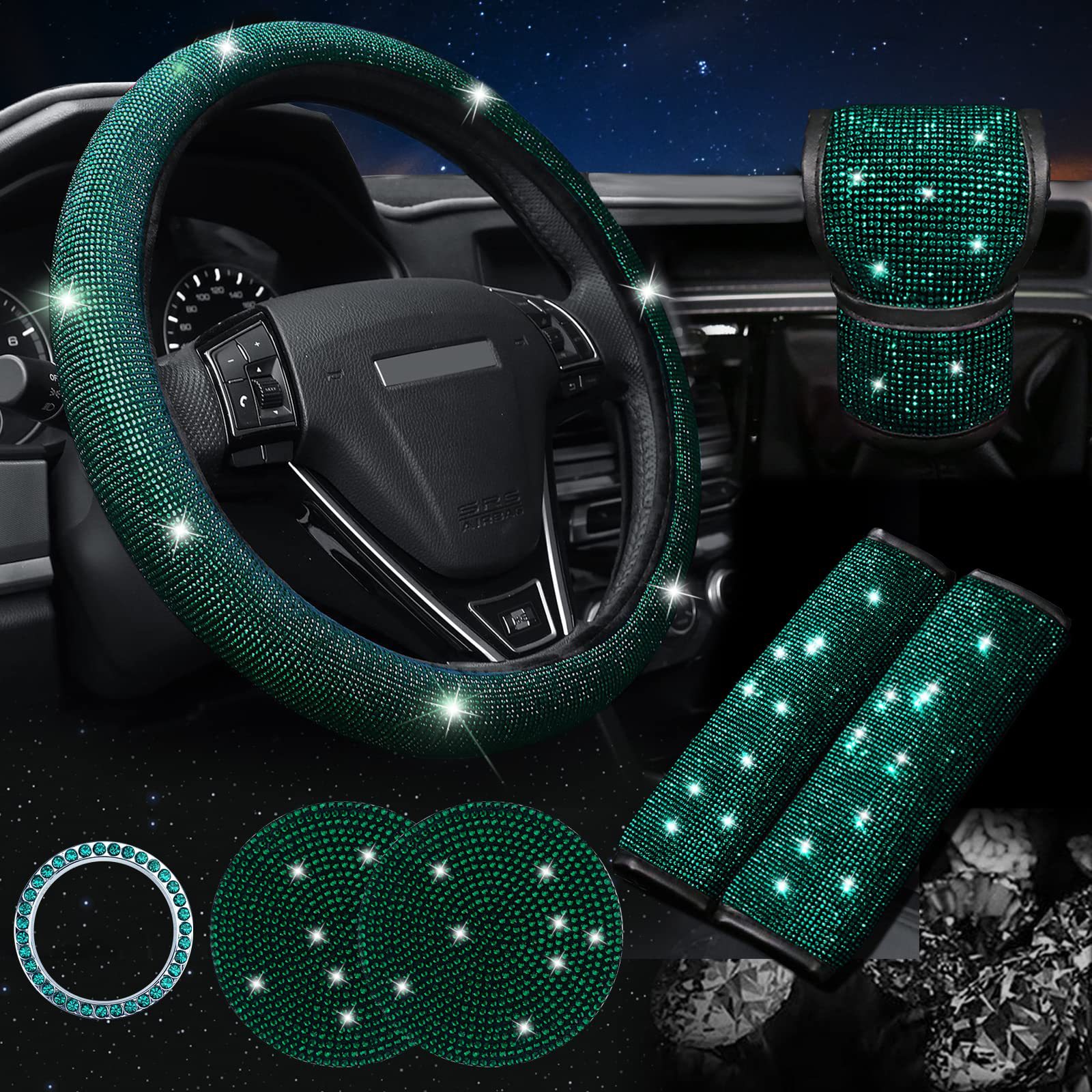 Green 7-Piece Car Interior Decoration Set – Crystal Rhinestone Steering Wheel Cover, Gear Shift Cover, Seat Belt Pads, Cup Coasters & Ignition Switch Cover - Image 1