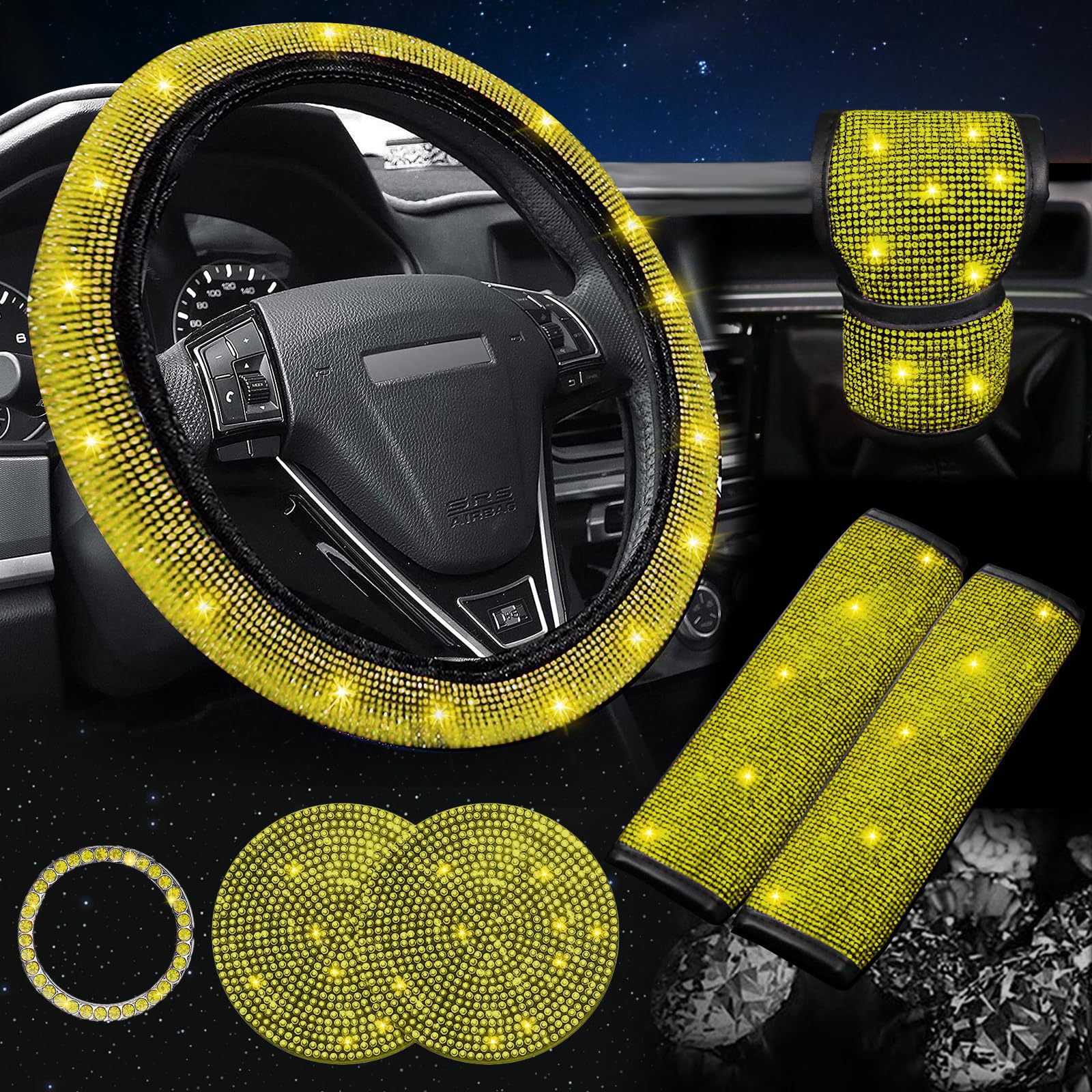 Yellow 7-Piece Car Interior Decoration Set – Crystal Rhinestone Steering Wheel Cover, Gear Shift Cover, Seat Belt Pads, Cup Coasters & Ignition Switch Cover - Image 1
