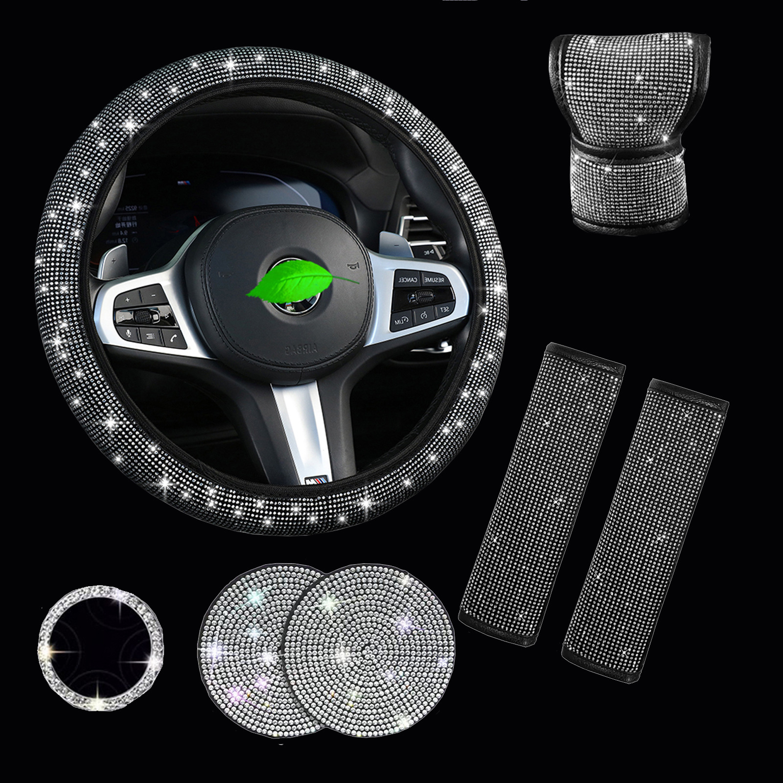 White 7-Piece Car Interior Decoration Set – Crystal Rhinestone Steering Wheel Cover, Gear Shift Cover, Seat Belt Pads, Cup Coasters & Ignition Switch Cover - Image 1