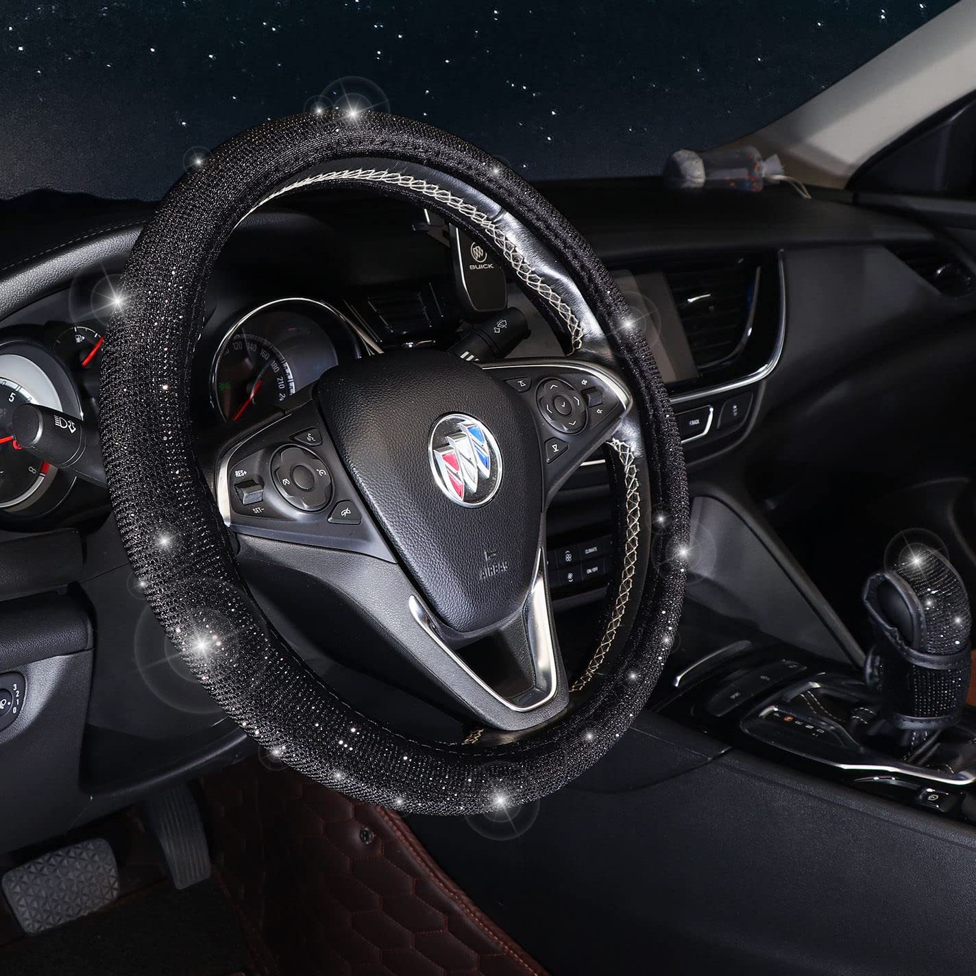 White 7-Piece Car Interior Decoration Set – Crystal Rhinestone Steering Wheel Cover, Gear Shift Cover, Seat Belt Pads, Cup Coasters & Ignition Switch Cover - Image 2