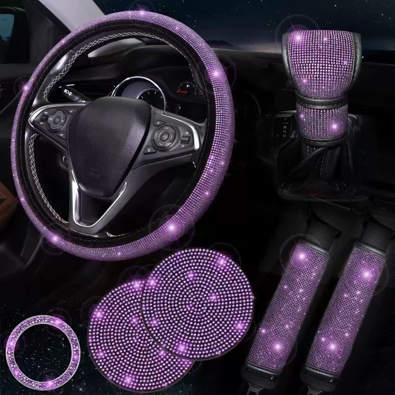Deep purple 7-Piece Car Interior Decoration Set – Crystal Rhinestone Steering Wheel Cover, Gear Shift Cover, Seat Belt Pads, Cup Coasters & Ignition Switch Cover - Image 1