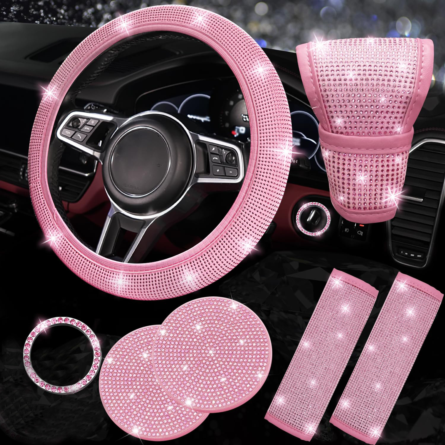 All pink 7-Piece Car Interior Decoration Set – Crystal Rhinestone Steering Wheel Cover, Gear Shift Cover, Seat Belt Pads, Cup Coasters & Ignition Switch Cover - Image 1
