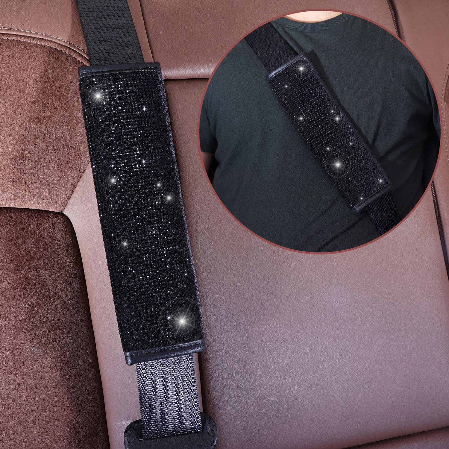 All pink 7-Piece Car Interior Decoration Set – Crystal Rhinestone Steering Wheel Cover, Gear Shift Cover, Seat Belt Pads, Cup Coasters & Ignition Switch Cover - Image 3