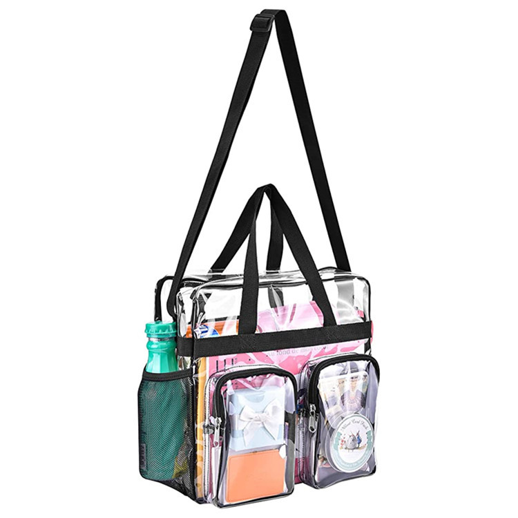 Black Clear Multi-Pocket Tote Bag – Waterproof & Organized Carryall with Front Zipper Pockets and Adjustable Strap - Image 2