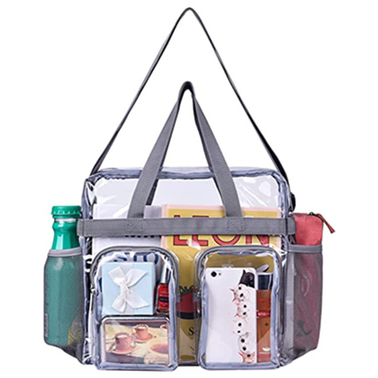 Grey Clear Multi-Pocket Tote Bag – Waterproof & Organized Carryall with Front Zipper Pockets and Adjustable Strap - Image 1